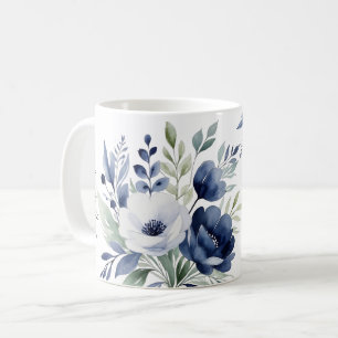 Waterverf Blauw en Wit Bloemen Boeket Koffiemok