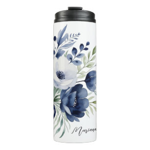 Waterverf Blauw en Wit Bloemen Boeket Thermosbeker