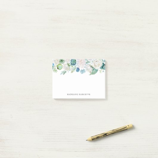 Waterverf Blauw en Wit Bloemen Gepersonaliseerd Post-it® Notes (Op bureau)