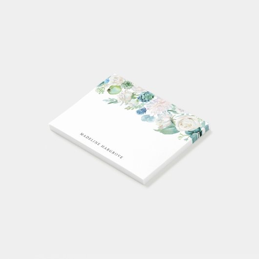 Waterverf Blauw en Wit Bloemen Gepersonaliseerd Post-it® Notes (Schuin)