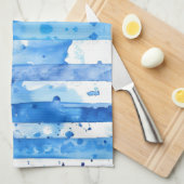 Waterverf Blauw en Wit Gestreept Stranddecor Theedoek (Quarter Fold)