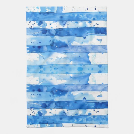 Waterverf Blauw en Wit Gestreept Stranddecor Theedoek (Verticaal)