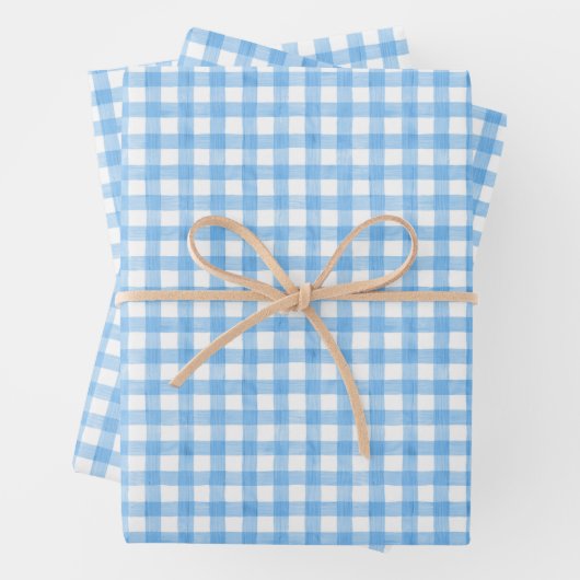 Waterverf Blauw en Wit Gingham Inpakpapier Vel (In situ)