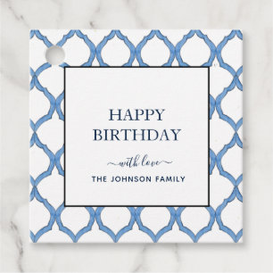 Waterverf Blauw en wit Happy Birthday cadeau label