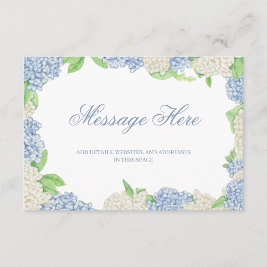 Waterverf Blauw en Wit Hydrangea Crest Bruiloft Informatiekaartje (Voorkant)