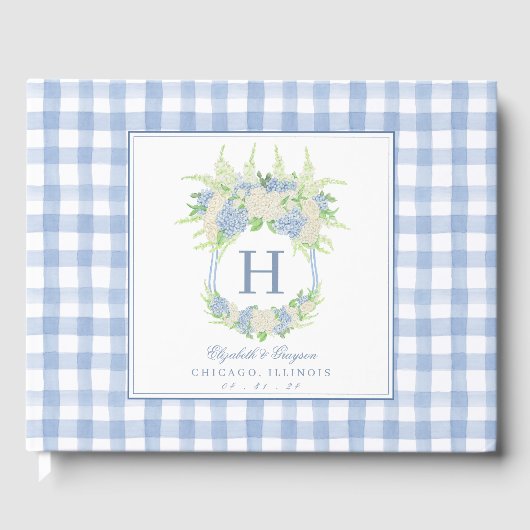 Waterverf Blauw en Wit Hydrangea Crest Gingham Gastenboek (Voorkant)