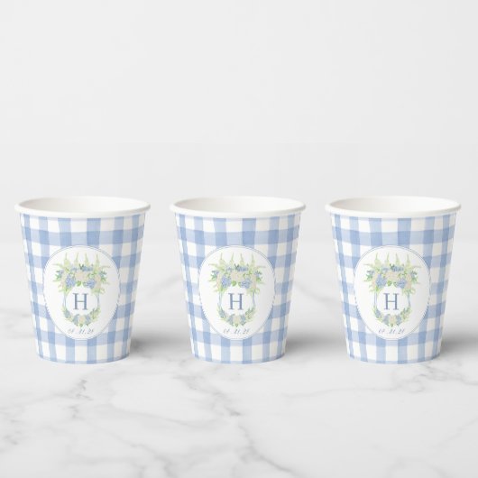 Waterverf Blauw en Wit Hydrangea Crest Gingham Papieren Bekers (Multi)
