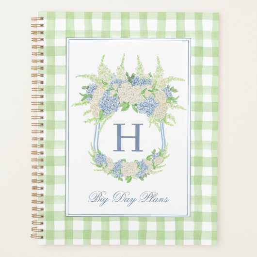 Waterverf Blauw en Wit Hydrangea Crest Gingham Planner (Voorkant)