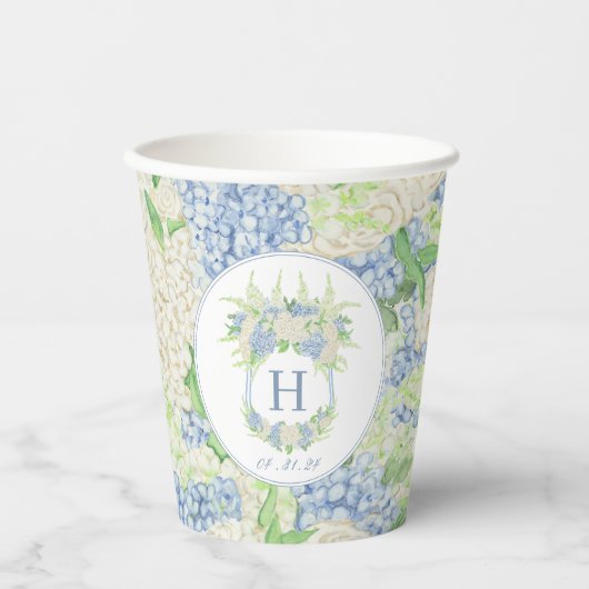Waterverf Blauw en Wit Hydrangea Crest Papieren Bekers (Voorkant)