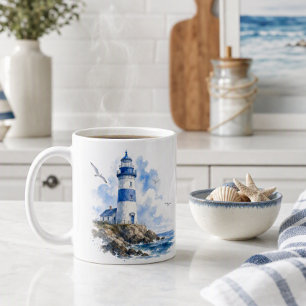 Waterverf Blauw en Wit Vuurtoren Koffie Koffiemok