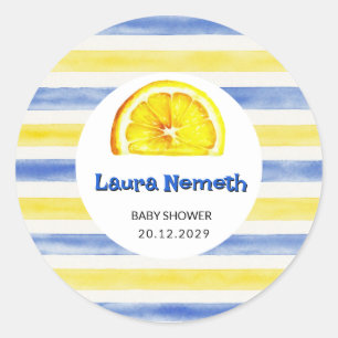 Waterverf Blauw Geel Streep Citroen Babyfeestje Ronde Sticker