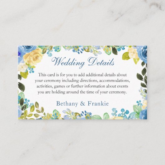 Waterverf Blauw Gele Rozen Tuin Bruiloft Details Informatiekaartje (Voorkant)