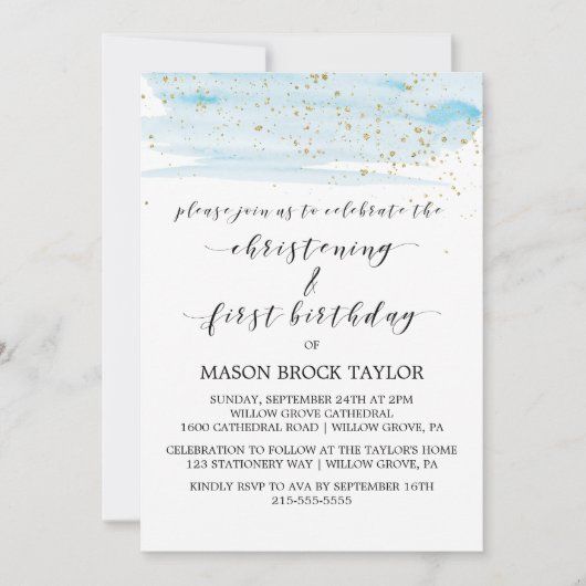 Waterverf Blauw & Gold Christening & 1e verjaardag Kaart (Voorkant)