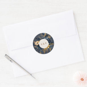 Waterverf Blauw Goud Bloemen Monogram Bruiloft Ronde Sticker