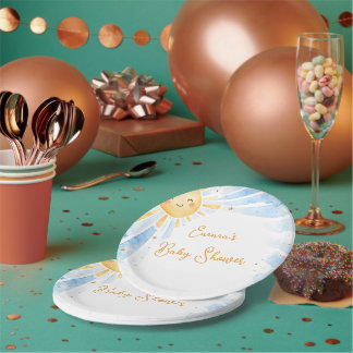 Waterverf Blauw & Goud Jongens Baby Shower Papieren Bordje