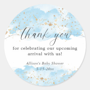 Waterverf blauw goud wit babyshower bedankt ronde sticker