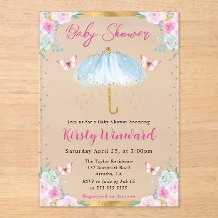 Waterverf Blauw Gouden Lente Paraplu Baby Shower Acryl Uitnodigingen