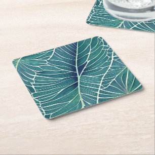 Waterverf Blauw Groen Blauwgroen Tropisch blad Vierkante Kartonnen Onderzetter