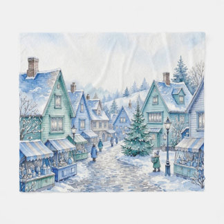 Waterverf Blauw Groen Kerst Dorpsmarkt Fleece Deken