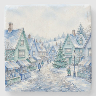 Waterverf Blauw Groen Kerst Dorpsmarkt Stenen Onderzetter