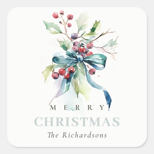 Waterverf Blauw Groene Winterbessen Kerst Vierkante Sticker (Voorkant)
