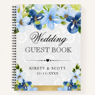 Waterverf blauw marine bloemen trouwgastenboek notitieboek