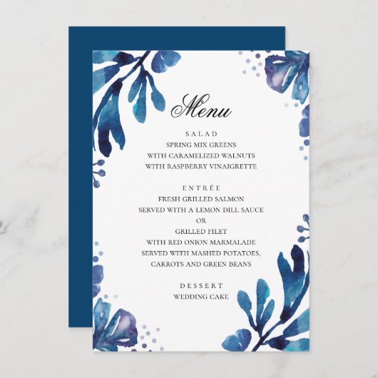 Waterverf blauw. Marine botanische bruiloft Menu (Voorkant / Achterkant)