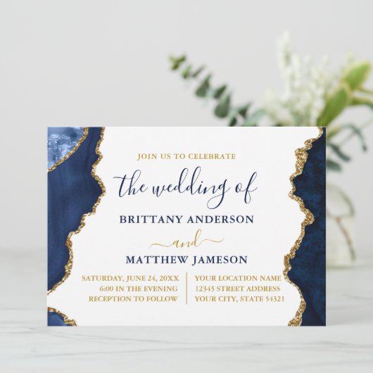 Waterverf Blauw Marmer en Gouden Huwelijk Kaart (Staand voorkant)