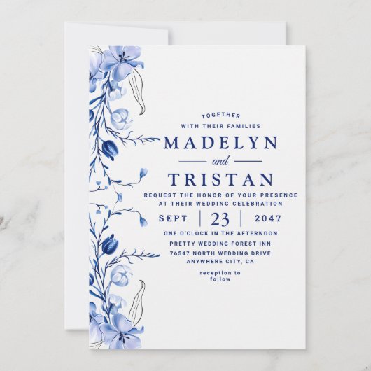 Waterverf Blauw Minimalistisch Rustiek Bloemen Bru Kaart (Voorkant)