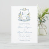 Waterverf Blauw Monogram Crest Wedding Kaart (Staand voorkant)