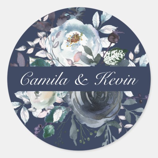 Waterverf Blauw Navy Bloemen bruiloft Ronde Sticker (Voorkant)