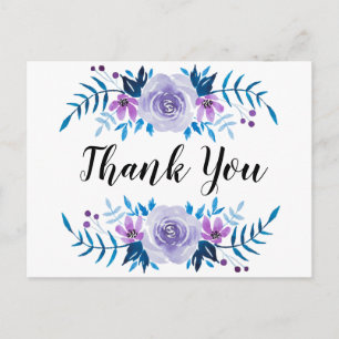Waterverf Blauw Paarse bloemenkrans Dank u Briefkaart