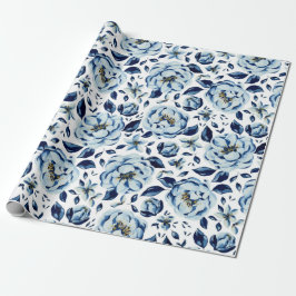 Waterverf Blauw Pioen Bloempatroon Cadeaupapier