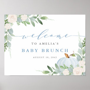 Waterverf Blauw Pompoen Herfst Baby Brunch Welkom Poster