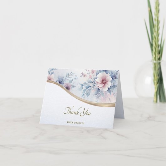 Waterverf Blauw Roze Bloemen Dank u kaart (Voorkant)