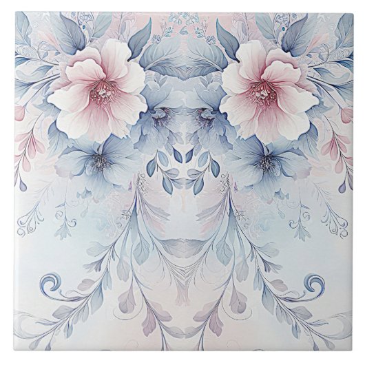 Waterverf Blauw Roze Bloemen Keramische Tegel Tegeltje (Voorkant)