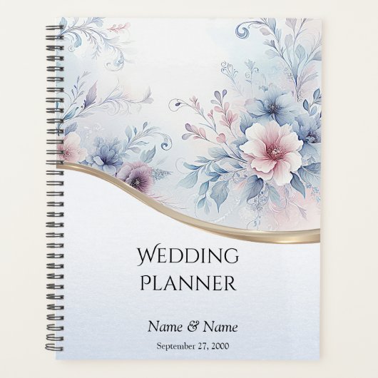 Waterverf Blauw Roze Bloemen Trouw Planner (Voorkant)