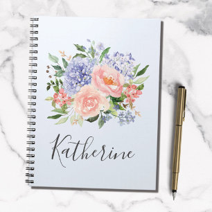 Waterverf Blauw Roze Lente Bloemmotief met Initiaa Notitieboek