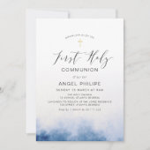 waterverf blauw script eerst holy communie kaart (Voorkant)