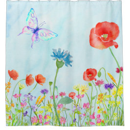 waterverf blauw van wilde bloemen papaverweide vli douchegordijn