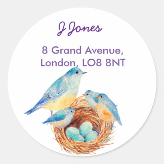 Waterverf Blauw Vogel Familie Adreslabel Ronde Sticker