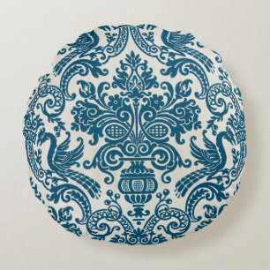 Waterverf Blauw & Wit Bloemen Patroon Rond Kussen