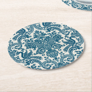 Waterverf Blauw & Wit Bloemen  Patroon Ronde Kartonnen Onderzetter