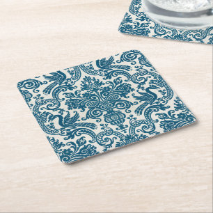 Waterverf Blauw & Wit Bloemen  Patroon Vierkante Kartonnen Onderzetter