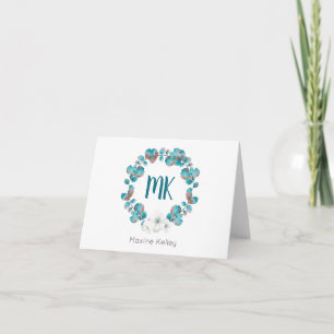 Waterverf Blauw Wit Bloemenkrans Monogram Notitiekaartje