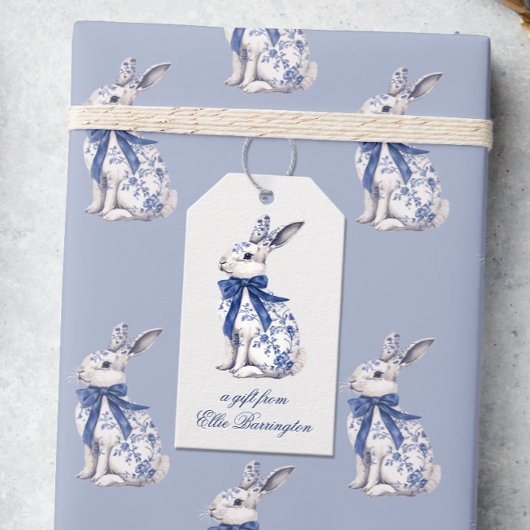 Waterverf Blauw & Wit Chinoiserie Bunny Rabbit Cadeaulabel