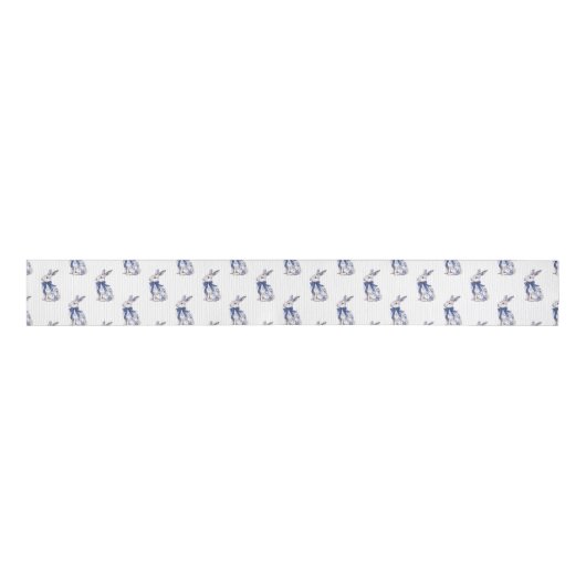 Waterverf Blauw & Wit Chinoiserie Bunny Rabbit Grosgrain Lint (Voorkant)