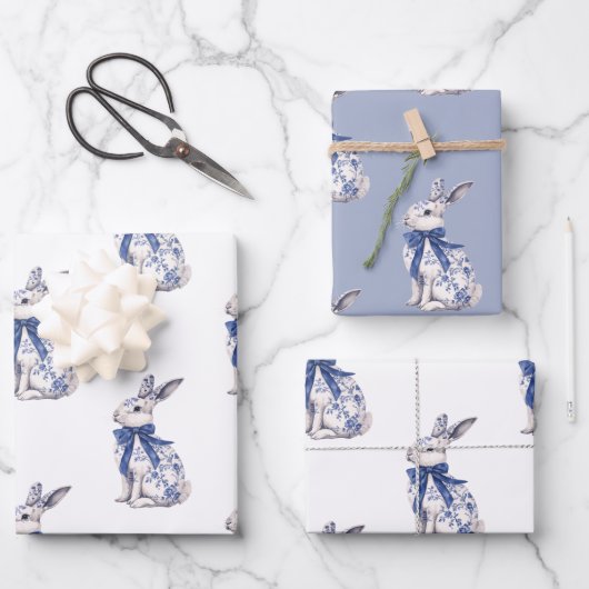 Waterverf Blauw & Wit Chinoiserie Bunny Rabbit Inpakpapier Vel (Voorkant)