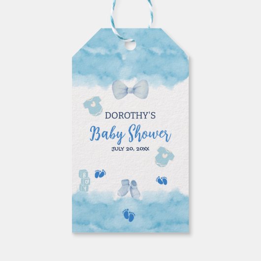 Waterverf blauw wolk pastelborstel Baby Jongensdou Cadeaulabel (Achterkant)