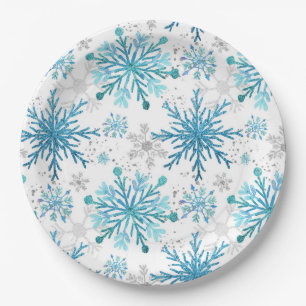 Waterverf Blauw & Zilver Glitter Winter Sneeuwvlok Papieren Bordje